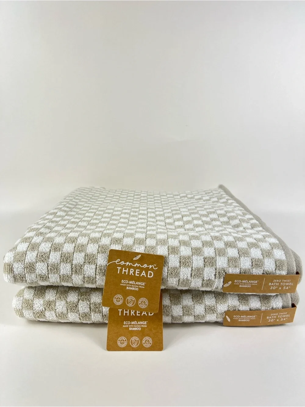 Common Thread 2 Pc Bamboo Bath Towels Tan and White Check Print Soft Cotton NEW